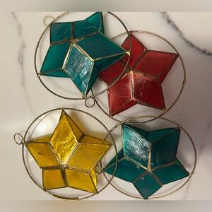 Vintage Set of 4 Colorful Stained Capiz Shell Star Ornaments Red Green Yellow